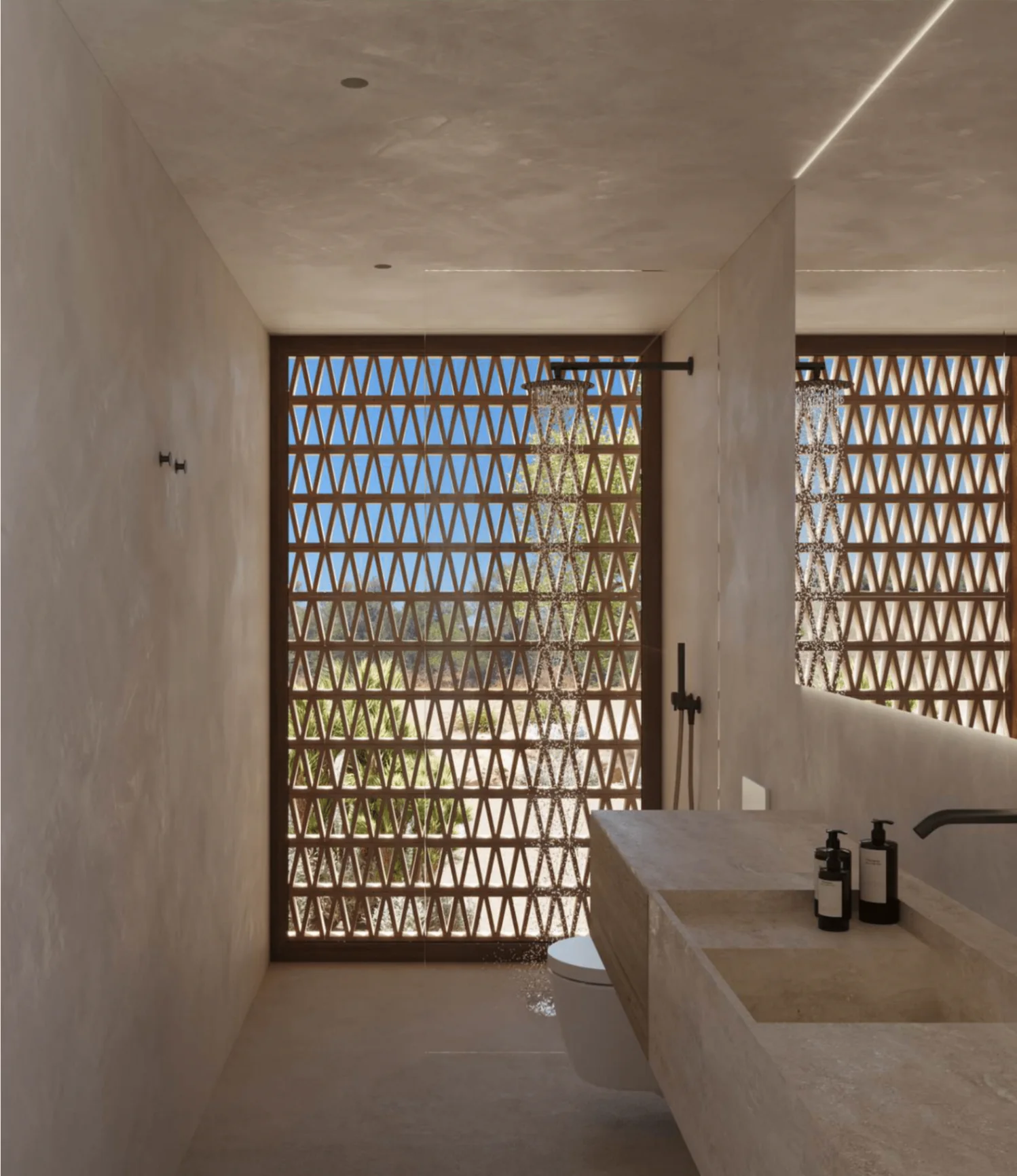 Architectural visualization of a proposed bathroom finished in natural, quiet tones