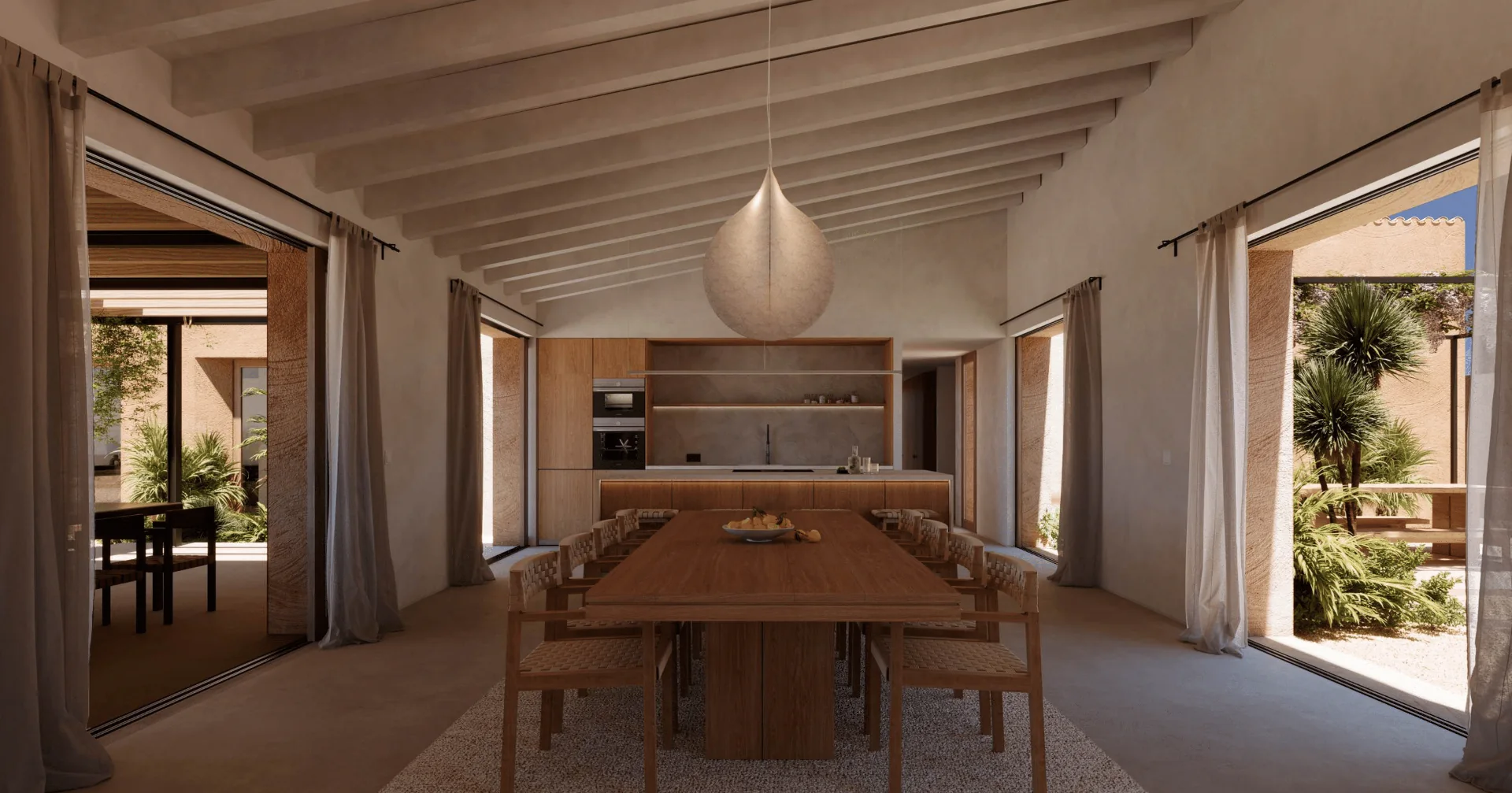 Architectural visualization of the proposed dining space, open to the garden