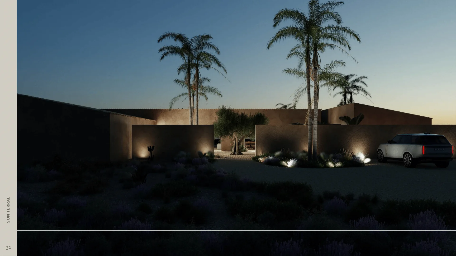 Architectural visualization of the proposed residence at the edge of evening