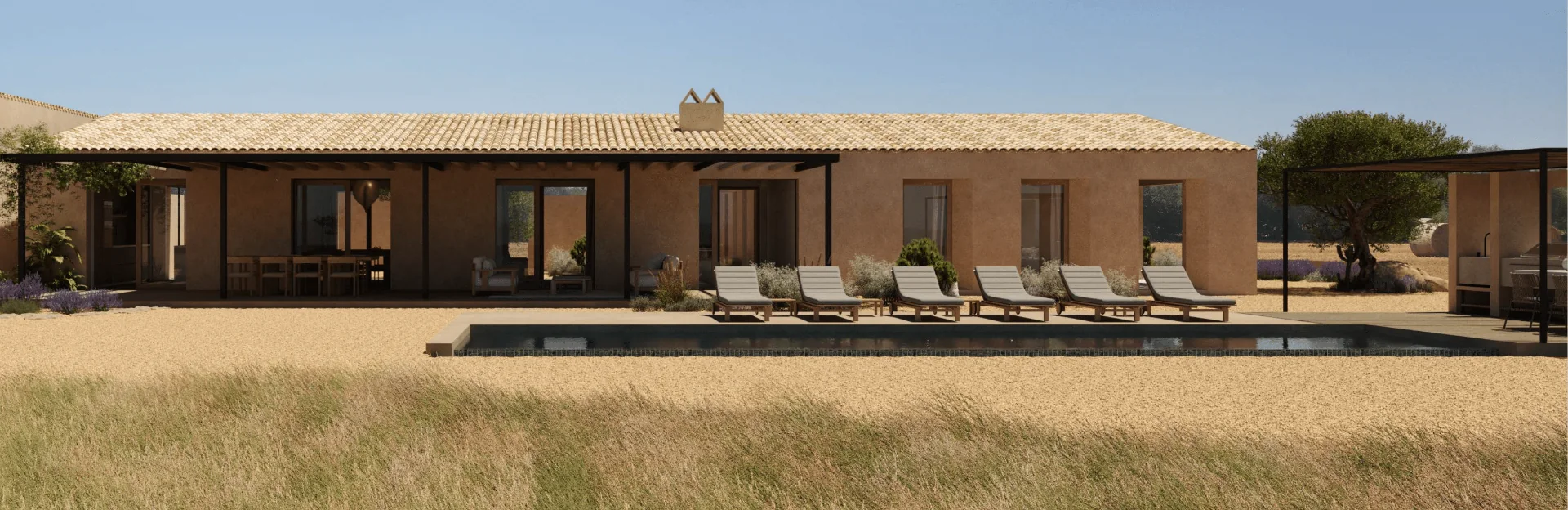 Architectural visualization of the proposed residence framed by the Campos countryside