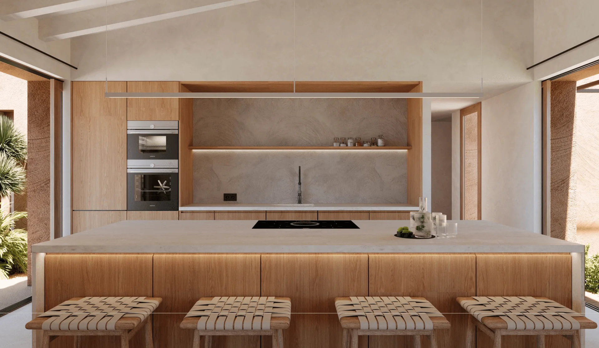 Architectural visualization of the proposed kitchen with an island, natural stone and oak cabinetry