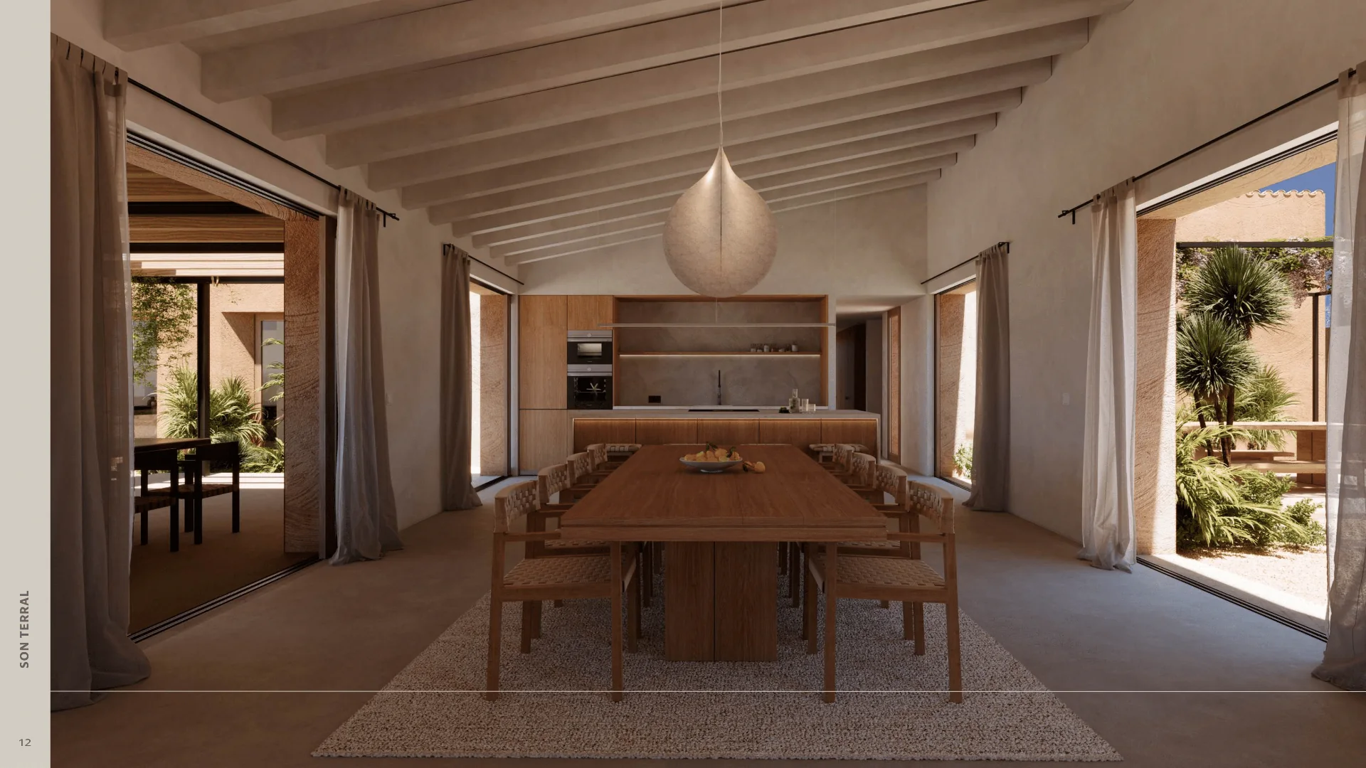 Architectural visualization of a proposed open-plan living pavilion with natural oak and soft stone tones