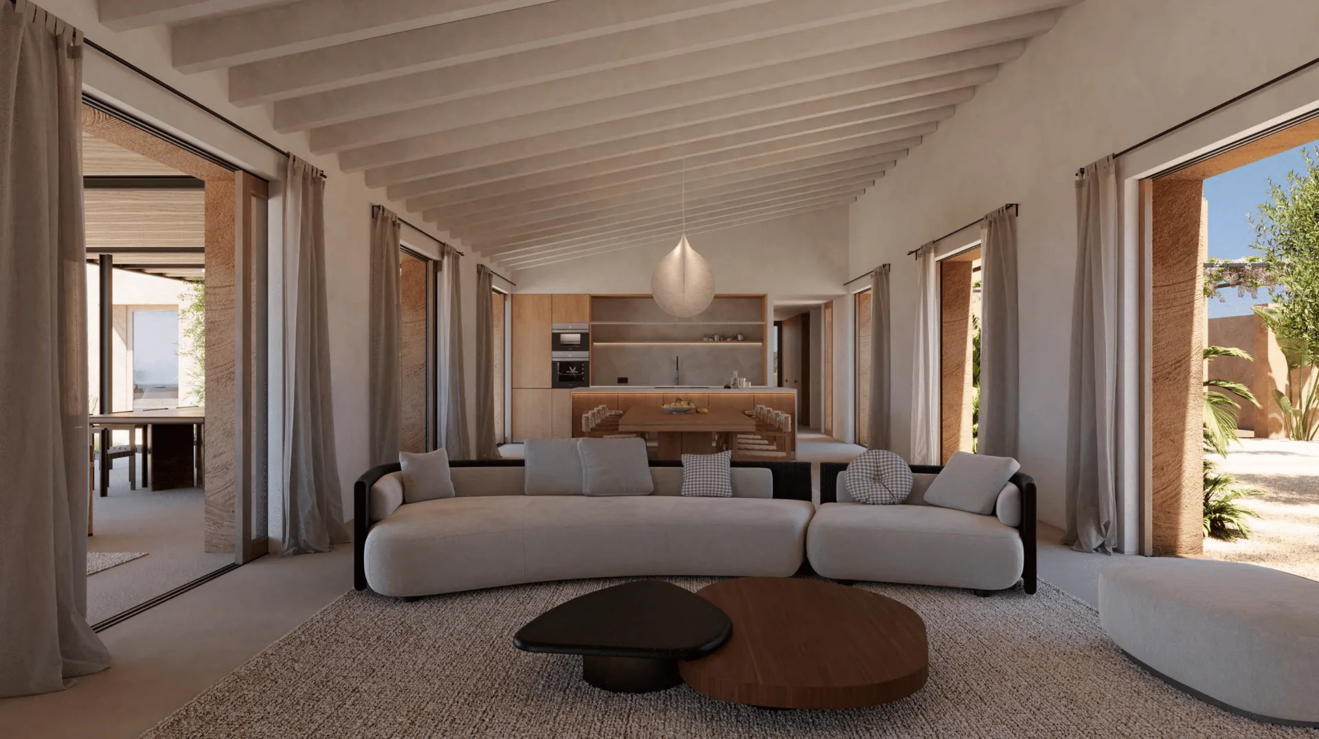 Architectural visualization of the proposed living pavilion, with natural finishes and a long view toward the garden