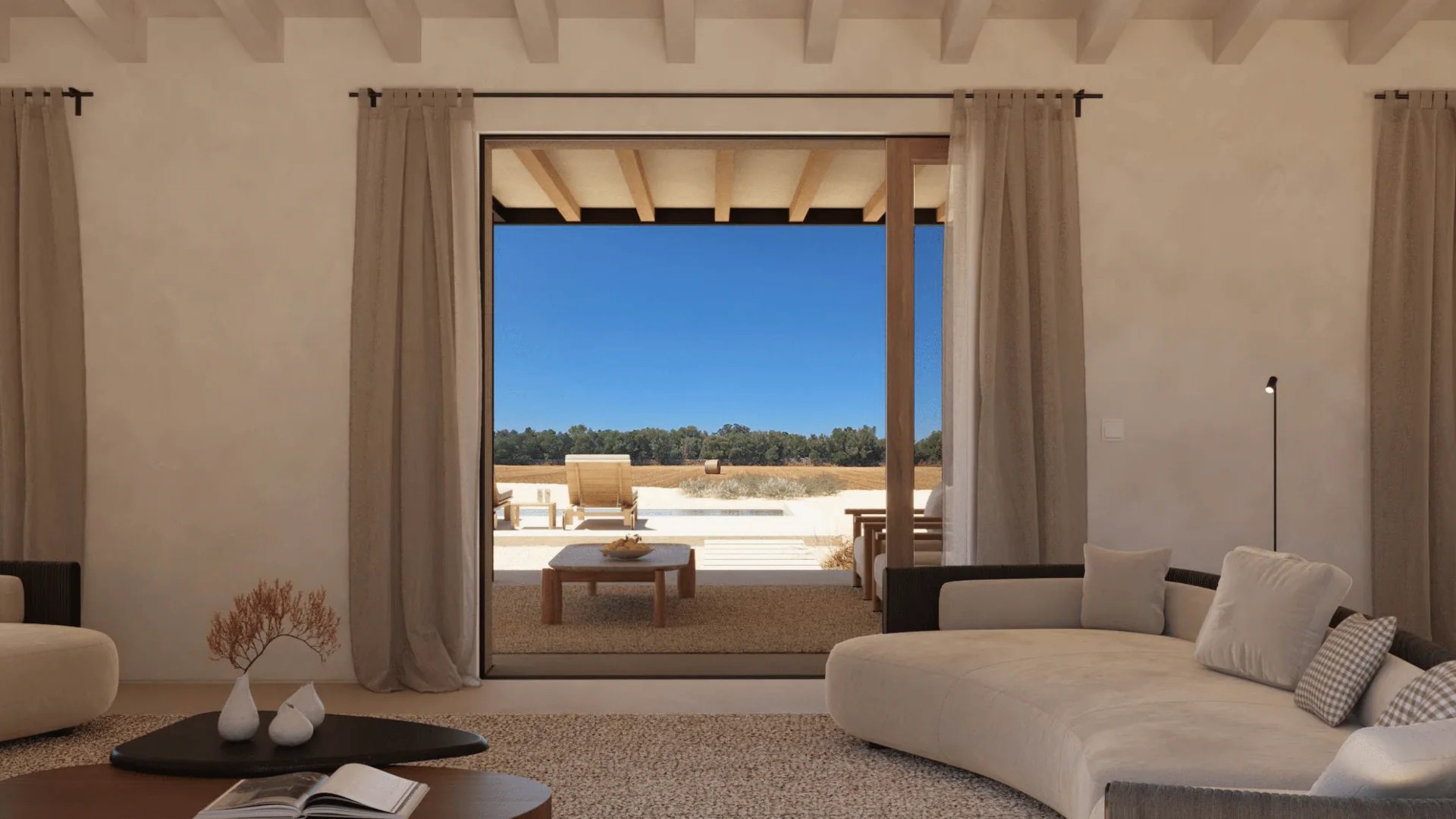 Architectural visualization of the proposed living room with views to the pool and garden