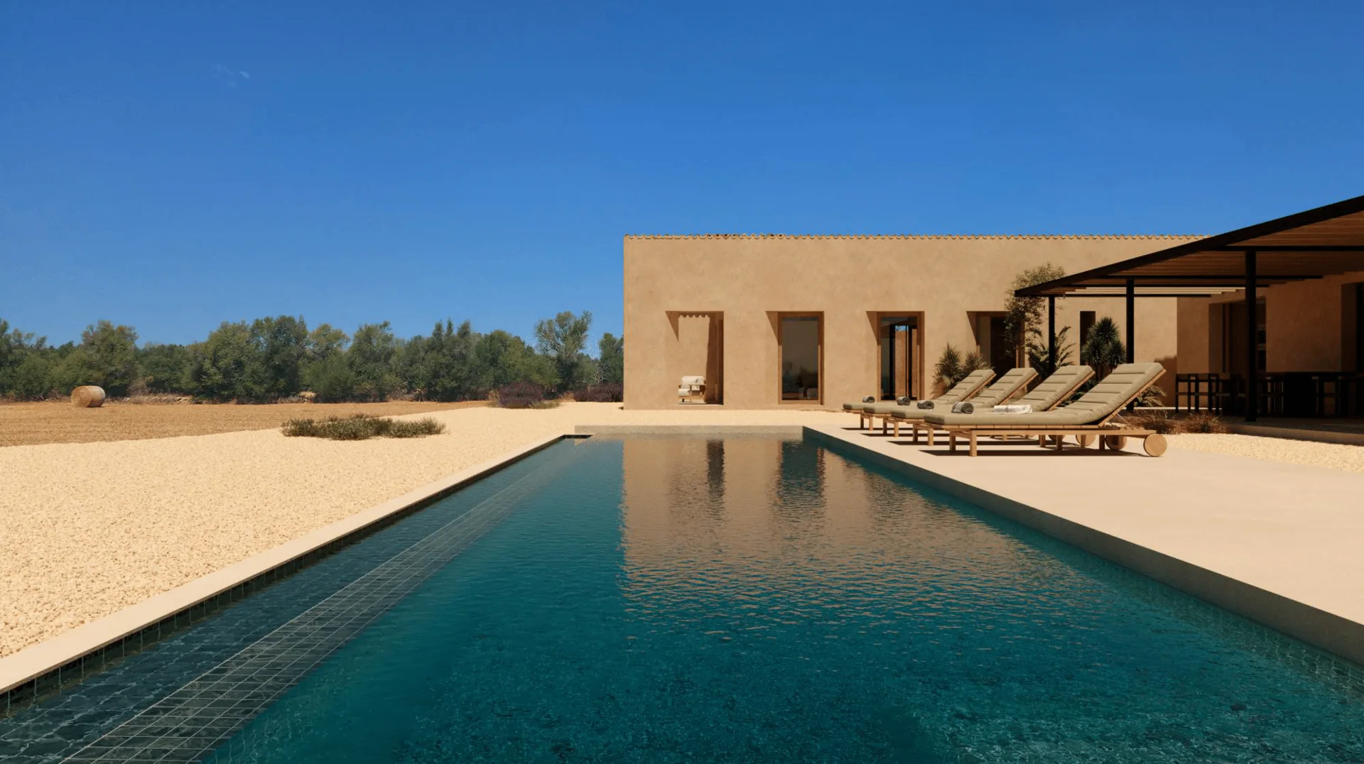 Architectural visualization of the proposed pool terrace in its garden setting