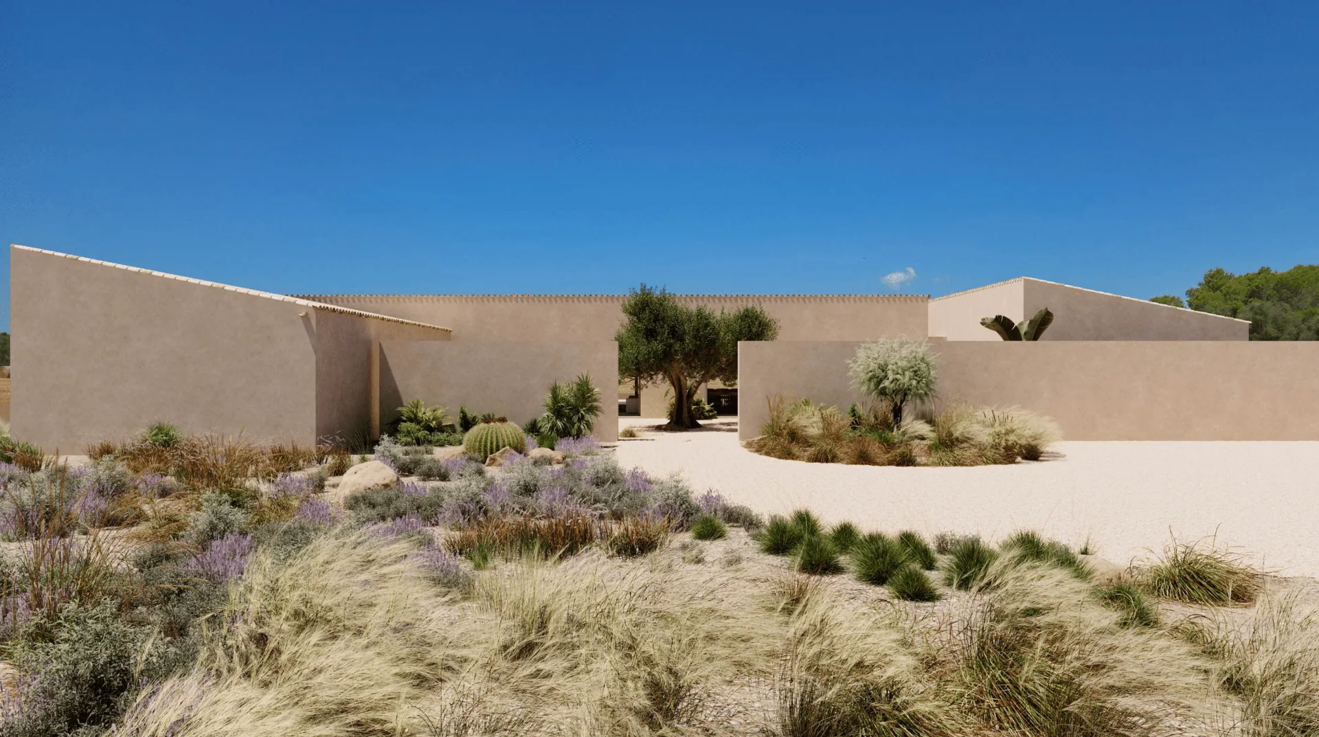 Architectural visualization of the proposed shaded terrace and outdoor dining area