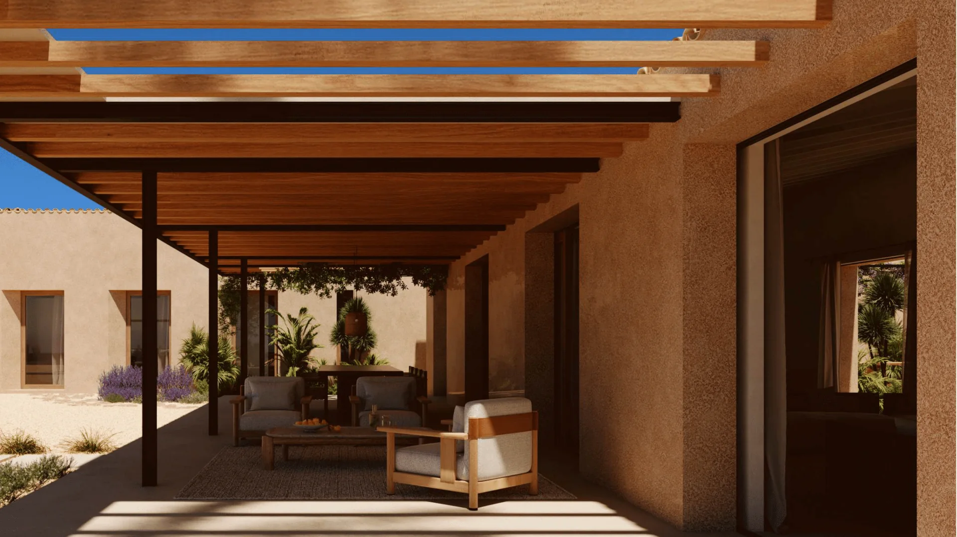 Architectural visualization of the proposed covered terrace opening to the landscape